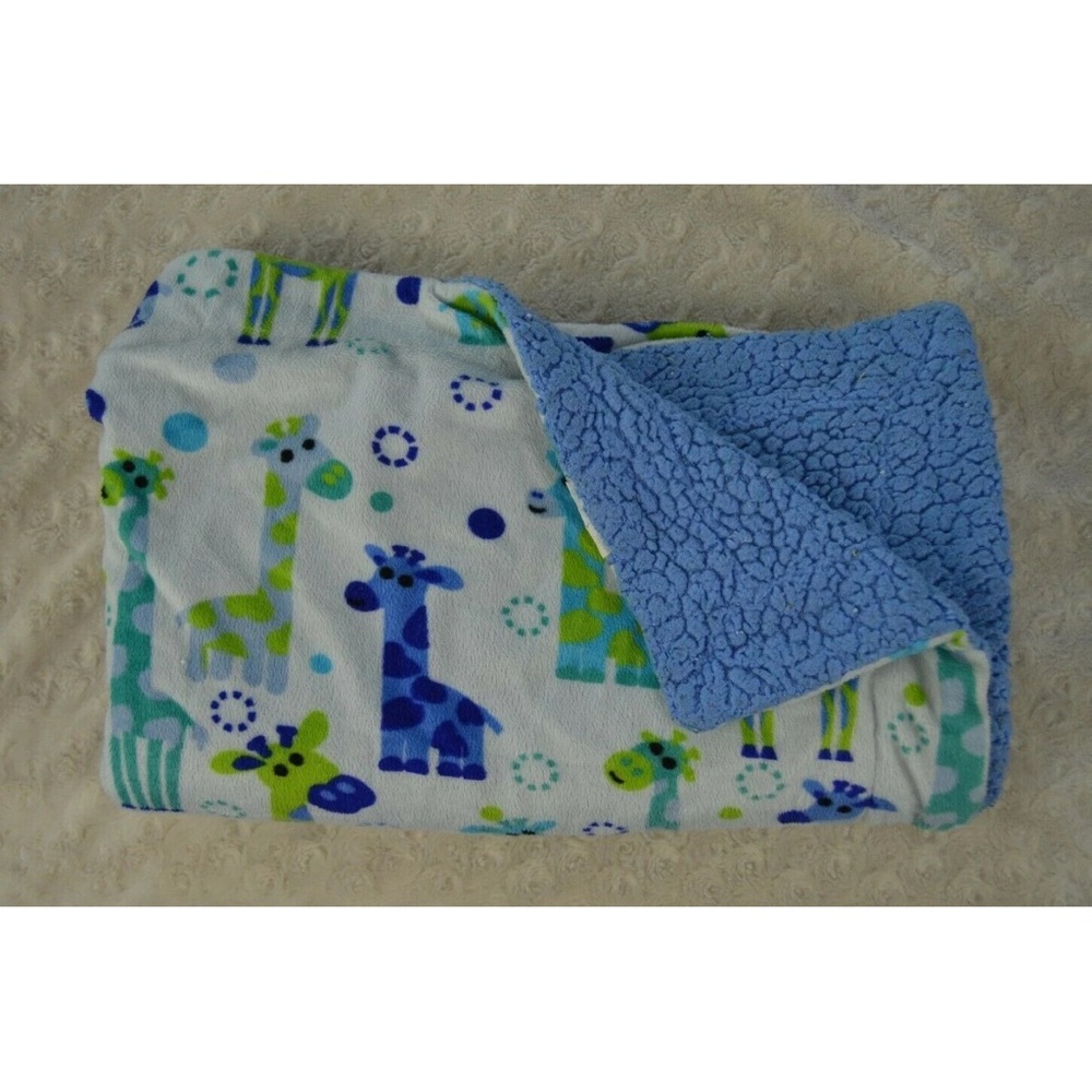 RUNT 1478 Giraffe Baby Blanket Blue White Green Polka Dot Circle Sherpa